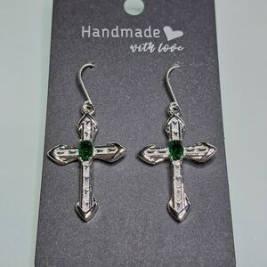 Clear Crystal and Green Cross Silver Plated Earrings w/Stainless Steel Ear Wires